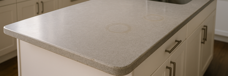 Acrylic worktop with visible wear, including micro-scratches and faint discoloration near sink, serves as the centerpiece of a modern kitchen with white cabinets, pendant lighting reflections, and natural daylight, illustrating real-life aging and durability of acrylic surfaces.