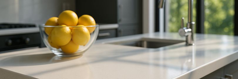 Modern kitchen with pristine white acrylic worktop reflecting sunlight, displaying subtle surface details, a water droplet highlighting easy cleaning, seamless rounded edges, matte gray cabinets, chrome faucet, glass bowl of lemons, and blurred lush greenery outside for a spacious, contemporary look.