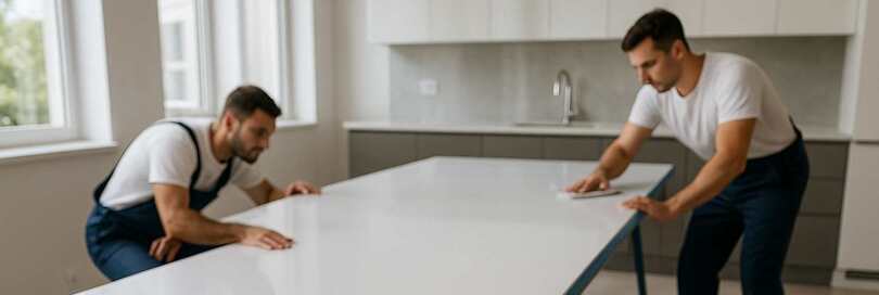 Installers preparing a seamless acrylic worktop in a modern kitchen, with tools arranged on craft paper, edges taped, and surfaces showing sanding marks and sawdust. Natural daylight streams in as the team checks alignment, ensuring a clean, professional installation environment.