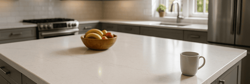 Bright modern kitchen with a large island featuring pristine white Tristone worktops, seamless edges, subtle natural veining, and a soft matt finish. Sleek gray cabinetry, stainless steel appliances, a wooden fruit bowl, and sunlight enhance the inviting, sophisticated atmosphere.