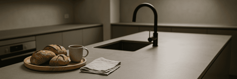 Modern kitchen featuring a seamless Hi Macs worktop in matte stone-gray with integrated sink, rounded edges, and subtle texture. Soft daylight highlights its hygienic design, fine patterns, slight imperfections, and minimal decor, emphasizing the tactile and aesthetic qualities of the countertop.