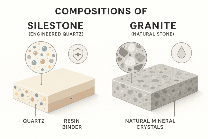 Educational infographic comparing Silestone and granite worktop compositions. Silestone side shows colorful quartz and resin layers, while granite displays natural mineral crystals. Simplified cross-sections, magnified textures, and minimalist icons highlight differences in durability, porosity, and composition. Professional, clear design for educational use.