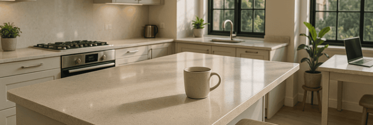 Luxurious modern UK kitchen and open-plan workspace featuring Caesarstone worktops, highlighting polished quartz surfaces with subtle veining and natural flecks. Ambient sunlight, minimal décor, and elegant brushed steel fixtures showcase the timeless, practical appeal and durability of Caesarstone in homes and offices.