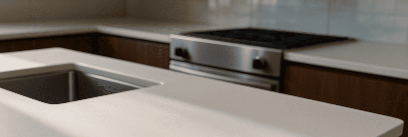 Matte white Hi-Macs countertop in a modern kitchen, showcasing seamless joins, subtle micro-grain texture, natural surface marks, and integrated stainless steel sink. Walnut cabinets and soft daylight highlight the worktop’s durability, thickness, and refined finish. Editorial, inviting atmosphere for architectural interest. Why Hi Macs Kitchen Worktops Stand up to Everyday Life