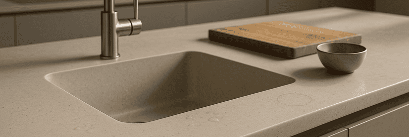Hyper-realistic photo of a seamless solid surface worktop in a modern kitchen, featuring an integrated sink, subtle matte finish, scattered water droplets, faint coffee cup rings, and functional objects on the counter. High-end cabinetry and pendant lighting are blurred in the background.