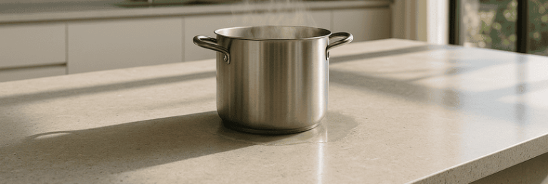 A modern kitchen with a Silestone countertop holding a steaming stainless steel pot. The quartz-patterned surface remains undamaged, showing no heat marks. Sunlight, minimalistic white cabinetry, and a bowl of lemons create a bright, authentic atmosphere, highlighting Silestone’s durability and style.