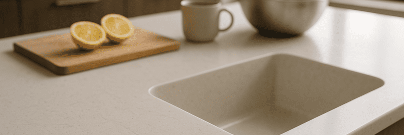 Modern kitchen island with a detailed Hi Macs worktop, showing seamless matte finish, subtle marbling, integrated sink, and practical items like sliced lemons and a mug. Natural daylight highlights the surface, water droplets, and lived-in textures, emphasizing the worktop’s unique qualities.