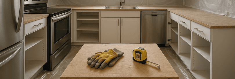 Modern kitchen prepared for Corian worktop installation, with empty countertops, open cabinets, unplugged appliances, protective plastic sheeting, work gloves, and a measuring tape on the surface. Sunlight highlights natural textures, dust, fingerprints, and smudges, emphasising readiness and authentic details.