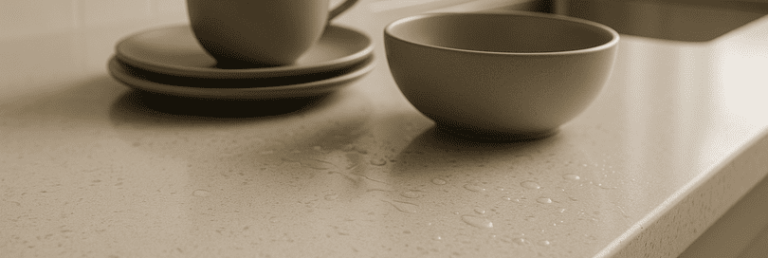 Close-up of a Caesarstone quartz kitchen countertop with a pale marbled surface, gentle flecks, subtle veining, and tactile micro-details. Matte porcelain dishes, water droplets, and a blurred white tile backsplash highlight the material’s unique beauty, durability, and easy maintenance under natural afternoon lighting.