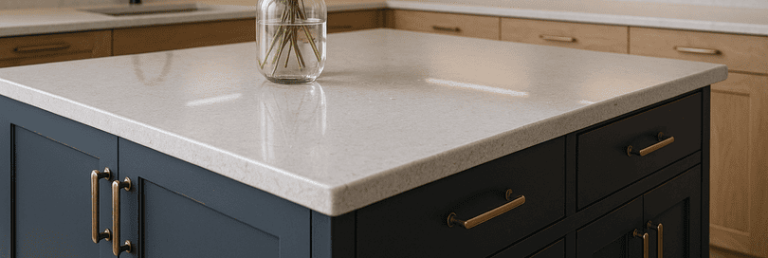 Modern kitchen with pale grey quartz worktop, navy blue island cabinets, and white and oak cabinetry. Brushed brass handles, ambient LED lighting, and a glass vase with greenery create a calming, harmonious palette. Subtle imperfections and realistic details highlight color harmony between quartz surfaces and cabinetry.