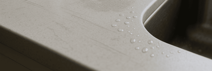 Close-up of a Corian kitchen worktop showing yellowish stains near a coffee mug, blotchy spots by a sink, linear chemical marks, micro-scratches, seamless joins, and water droplets, illustrating real discoloration issues and everyday wear under soft daylight.