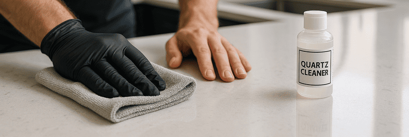 A professional technician buffs a gleaming quartz worktop in a modern kitchen, using a microfibre cloth and quartz cleaner. Natural window light reveals polished surfaces, subtle patterns, and gentle shadows, highlighting the benefits of expert quartz maintenance in a lived-in home environment.
