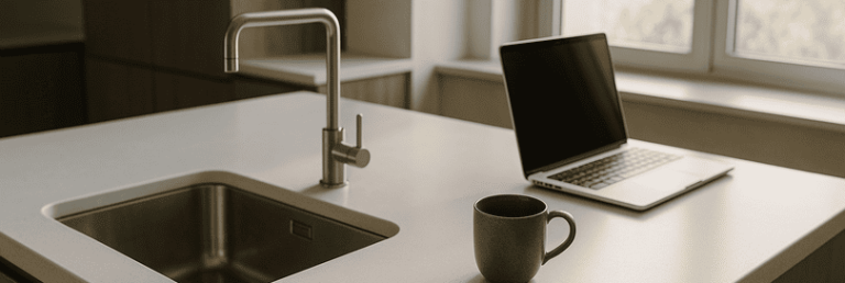 Contemporary kitchen island and workspace with matte white Corian worktops, subtle micro-scratches, seamless joins, under-mounted stainless steel sink, minimal chrome fixtures, modern wood cabinetry, sunlit window, and a laptop and mug on the counter. Natural daylight enhances the refined, lived-in look.