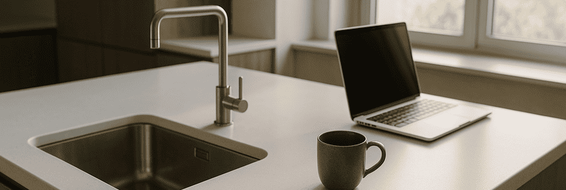Contemporary kitchen island and workspace with matte white Corian worktops, subtle micro-scratches, seamless joins, under-mounted stainless steel sink, minimal chrome fixtures, modern wood cabinetry, sunlit window, and a laptop and mug on the counter. Natural daylight enhances the refined, lived-in look.