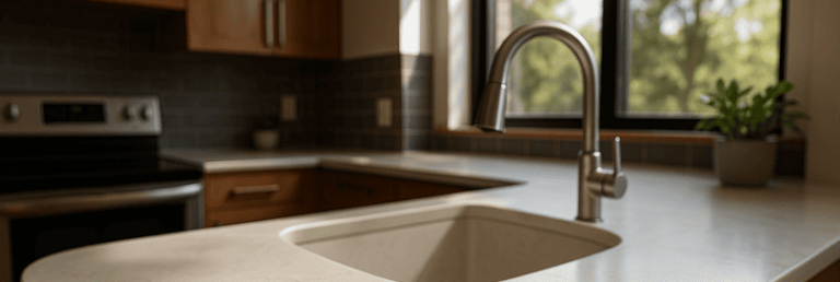 Contemporary kitchen featuring a Hi Macs solid surface worktop with seamless joins, curved edges, integrated sink, and subtle stone-like veining. Natural light enhances the smooth, matte, non-porous finish, while realistic details like scratches and crumbs emphasize the countertop’s unique craftsmanship and practical appeal.