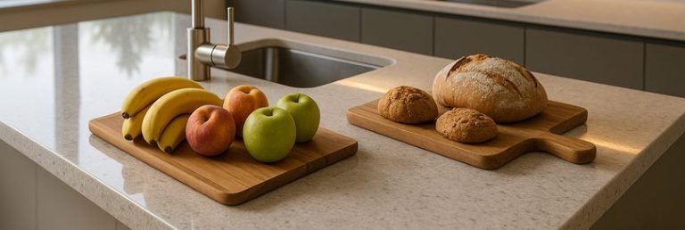 Contemporary kitchen with premium quartz worktops, showcasing polished surface, subtle marbling, beveled edges, and fine real-world details. Fresh fruit, artisan bread, stainless steel sink, modern cabinetry, wood flooring, and greenery complete the inviting, sophisticated atmosphere, emphasising quartz’s durability and elegance.