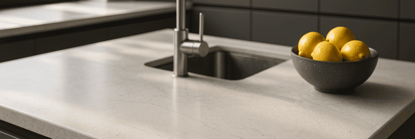 Close-up of a light-colored Tristone kitchen worktop with subtle marbling, matt texture, micro-bevelled edges, faint fingerprints, water spots, and gentle scratches. Matt cabinets, a chrome faucet, and a bowl of lemons on the counter in a bright, modern kitchen.