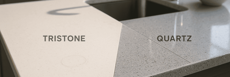 Contemporary kitchen showing side-by-side comparison of Tristone and quartz worktops. Tristone features creamy white with subtle flecks, matte finish, and rounded edges; quartz displays cool gray color, sharp lines, crystal patterns, and reflective fragments, both in bright daylight.