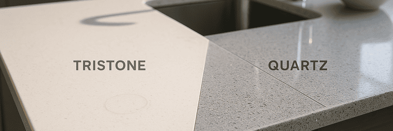 Contemporary kitchen showing side-by-side comparison of Tristone and quartz worktops. Tristone features creamy white with subtle flecks, matte finish, and rounded edges; quartz displays cool gray color, sharp lines, crystal patterns, and reflective fragments, both in bright daylight.