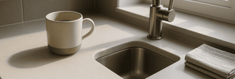 Modern UK kitchen with Tristone and Corian worktops side by side; Tristone shows a marbled off-white matt surface, Corian a seamless pale gray finish. Both display natural wear, tactile contrast, soft daylight, and subtle kitchen details like a mug, towel, and steel taps.