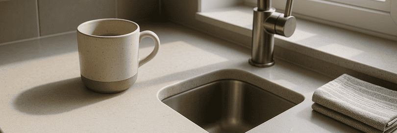 Modern UK kitchen with Tristone and Corian worktops side by side; Tristone shows a marbled off-white matt surface, Corian a seamless pale gray finish. Both display natural wear, tactile contrast, soft daylight, and subtle kitchen details like a mug, towel, and steel taps.