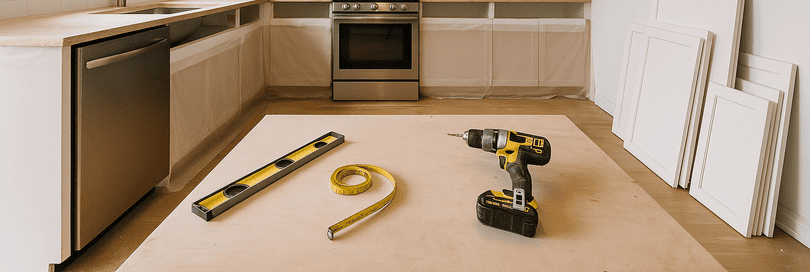 Spacious modern kitchen prepared for Corian installation, with cleared counters, protective coverings, appliances moved aside, drawers removed, and carpenter’s tools on a sanded plywood surface. Bright natural light highlights minor flaws, clean cabinetry, and an atmosphere of readiness and precision.
